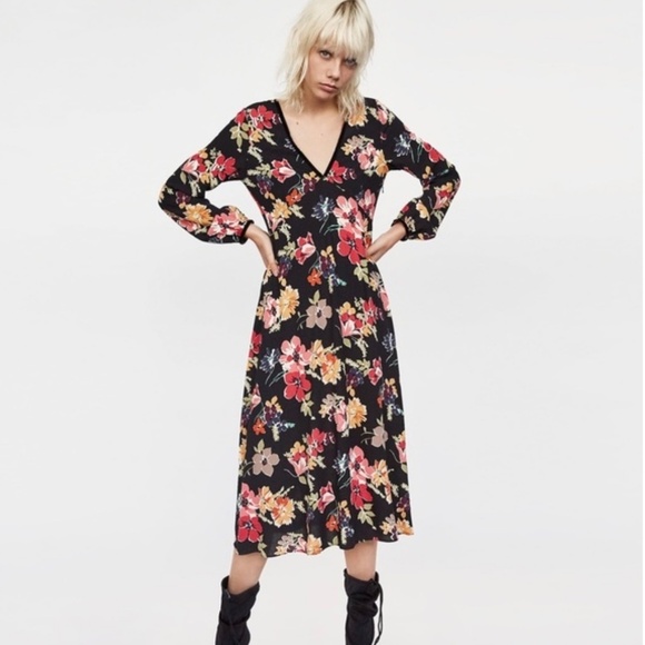 ZARA Floral Velvet Trim Midi Dress - Picture 2 of 7
